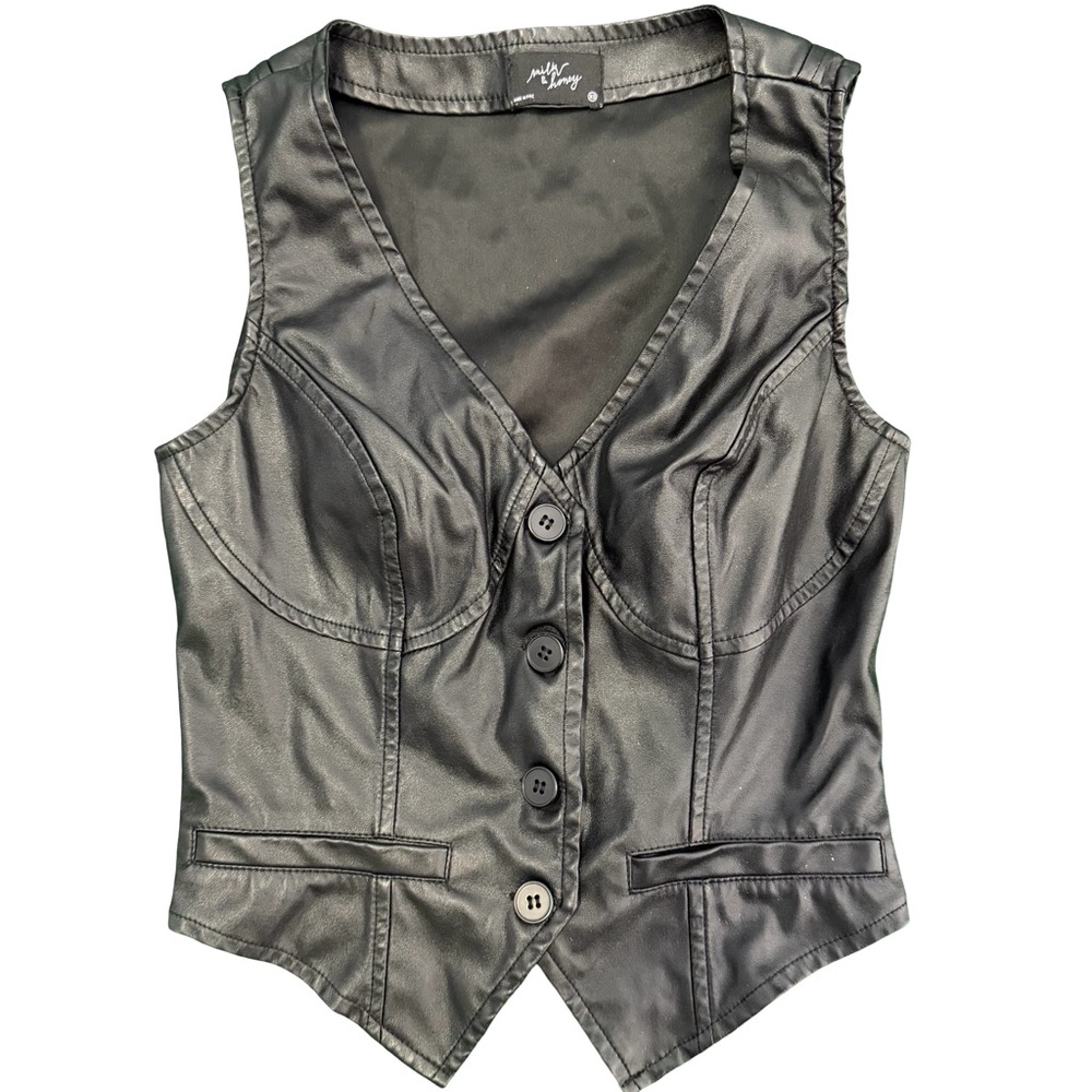 Milk & honey black faux leather plunge vest. Size XS